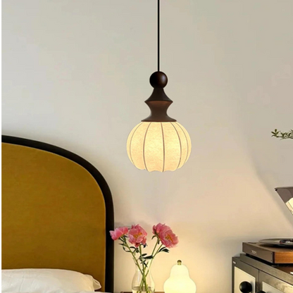 Traditional French Silk Fabric Flower Pattern Round Shade Wood 1-Light Pendant Light For Living Room