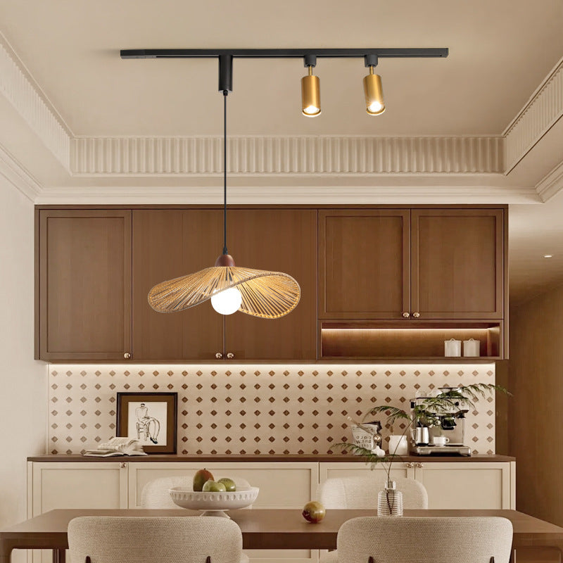 Contemporary Nordic Aluminum Iron Rattan Round Shade 3-Light Spotlight Pendant Light Track Light For Living Room