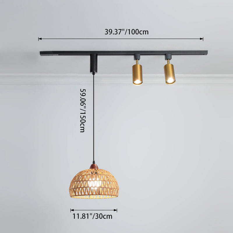 Contemporary Nordic Aluminum Iron Rattan Round Shade 3-Light Spotlight Pendant Light Track Light For Living Room