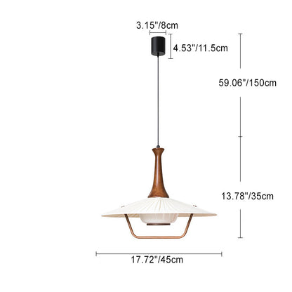 Traditional Vintage Pleated Fabric Hat Shade Solid Wood Iron 1-Light Pendant Light For Living Room