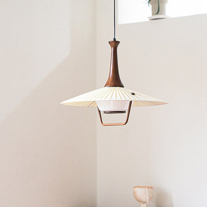 Traditional Vintage Pleated Fabric Hat Shade Solid Wood Iron 1-Light Pendant Light For Living Room