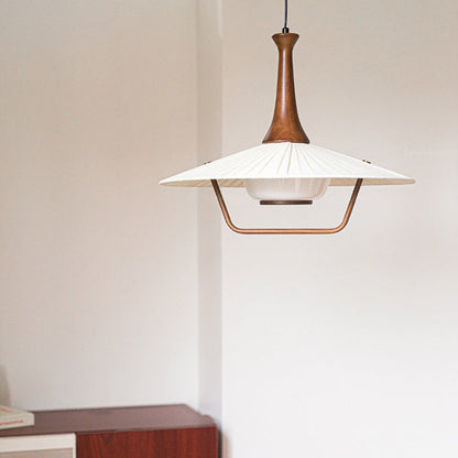 Traditional Vintage Pleated Fabric Hat Shade Solid Wood Iron 1-Light Pendant Light For Living Room