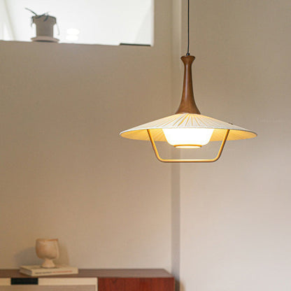Traditional Vintage Pleated Fabric Hat Shade Solid Wood Iron 1-Light Pendant Light For Living Room