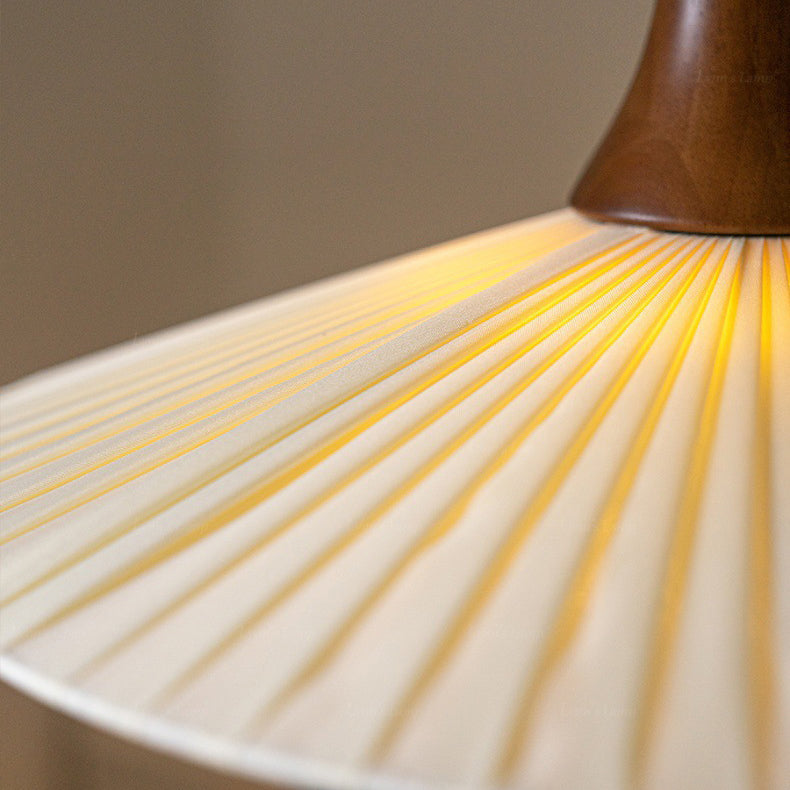 Traditional Vintage Pleated Fabric Hat Shade Solid Wood Iron 1-Light Pendant Light For Living Room