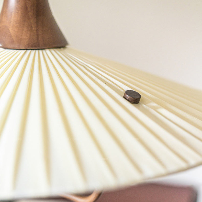 Traditional Vintage Pleated Fabric Hat Shade Solid Wood Iron 1-Light Pendant Light For Living Room