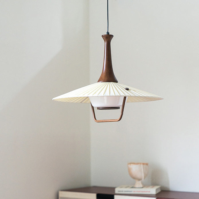 Traditional Vintage Pleated Fabric Hat Shade Solid Wood Iron 1-Light Pendant Light For Living Room