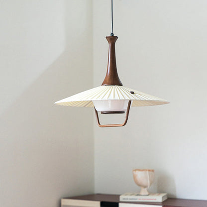 Traditional Vintage Pleated Fabric Hat Shade Solid Wood Iron 1-Light Pendant Light For Living Room