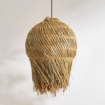 Traditional French Straw Weaving Round Shade 1-Light Pendant Light For Living Room