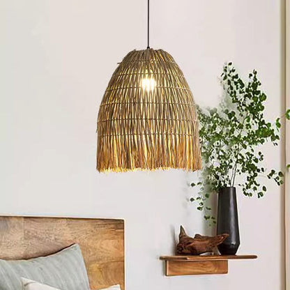 Traditional French Straw Weaving Round Shade 1-Light Pendant Light For Living Room