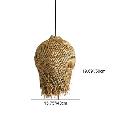 Traditional French Straw Weaving Round Shade 1-Light Pendant Light For Living Room