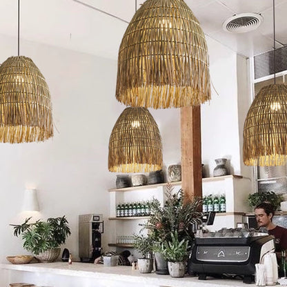 Traditional French Straw Weaving Round Shade 1-Light Pendant Light For Living Room