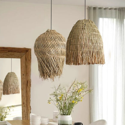 Traditional French Straw Weaving Round Shade 1-Light Pendant Light For Living Room
