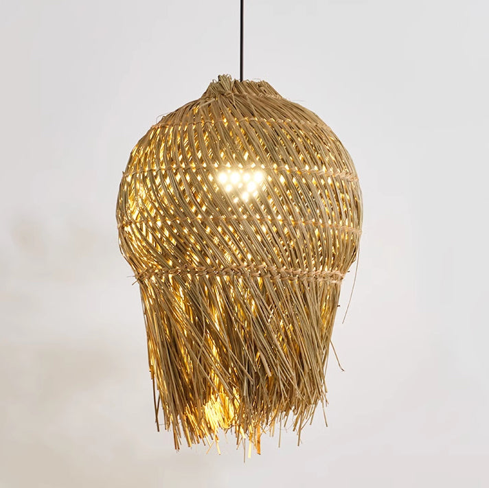 Traditional French Straw Weaving Round Shade 1-Light Pendant Light For Living Room