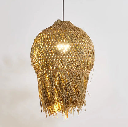 Traditional French Straw Weaving Round Shade 1-Light Pendant Light For Living Room