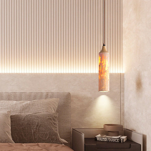 Traditional Japanese Yellow Travertine Strip Solid Wood 1-Light Pendant Light For Living Room