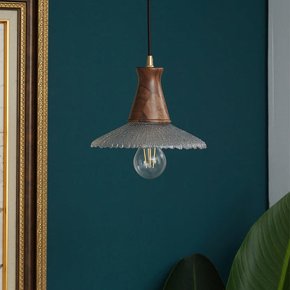 Traditional Vintage Water Ripple Tapered Glass Solid Wood 1-Light Pendant Light For Living Room