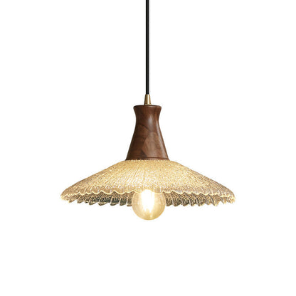 Traditional Vintage Water Ripple Tapered Glass Solid Wood 1-Light Pendant Light For Living Room
