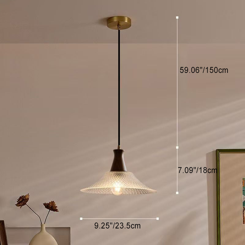 Contemporary Retro Solid Wood Conical Glass Shade 1-Light Pendant Light For Dining Room
