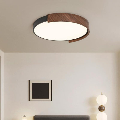 Modern Minimalist Iron Imitation Walnut Wood Grain PVC Round LED Flush Mount Ceiling Light For Bedroom