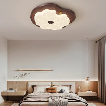 Traditional Japanese Lotus Leaf PE Solid Wood Grain LED Flush Mount Ceiling Light For Bedroom