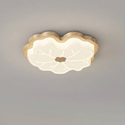 Traditional Japanese Lotus Leaf PE Solid Wood Grain LED Flush Mount Ceiling Light For Bedroom