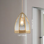 Contemporary Luxury Vertical Grained Glass Round Shade Copper 1-Light Pendant Light For Living Room