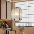 Contemporary Luxury Vertical Grained Glass Round Shade Copper 1-Light Pendant Light For Living Room