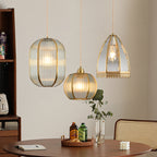 Contemporary Luxury Vertical Grained Glass Round Shade Copper 1-Light Pendant Light For Living Room