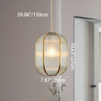 Contemporary Luxury Vertical Grained Glass Round Shade Copper 1-Light Pendant Light For Living Room