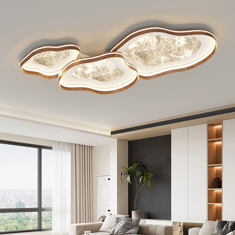 Contemporary Luxury Iron Aluminum Smoke Pattern Walnut Wood Corrugated Edge LED Flush Mount Ceiling Light For Bedroom