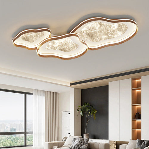 Contemporary Luxury Iron Aluminum Smoke Pattern Walnut Wood Corrugated Edge LED Flush Mount Ceiling Light For Bedroom