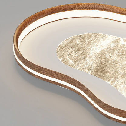 Contemporary Luxury Iron Aluminum Smoke Pattern Walnut Wood Corrugated Edge LED Flush Mount Ceiling Light For Bedroom
