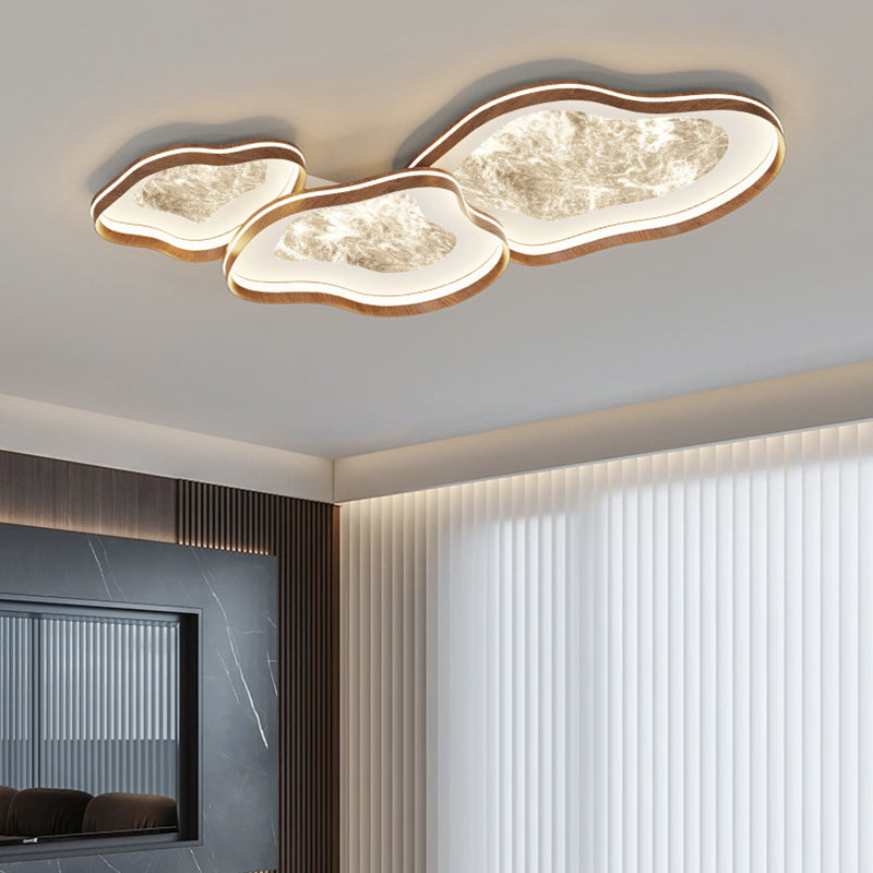 Contemporary Luxury Iron Aluminum Smoke Pattern Walnut Wood Corrugated Edge LED Flush Mount Ceiling Light For Bedroom