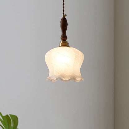Contemporary Retro Solid Wood Flower Glass Shade 1-Light Pendant Light For Dining Room