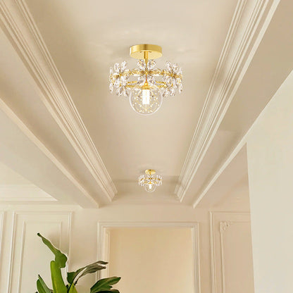 Contemporary Luxury Iron Crystal Petal LED Semi-Flush Mount Ceiling Light For Living Room