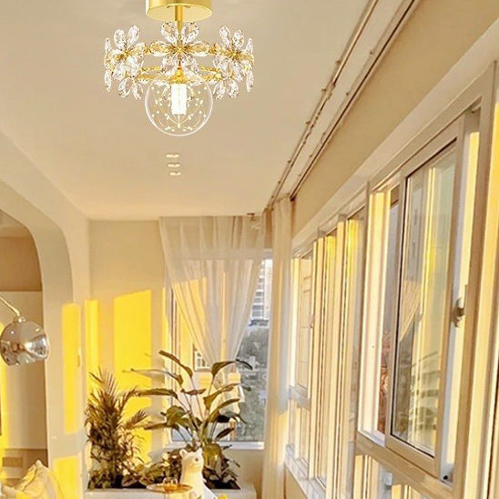 Contemporary Luxury Iron Crystal Petal LED Semi-Flush Mount Ceiling Light For Living Room