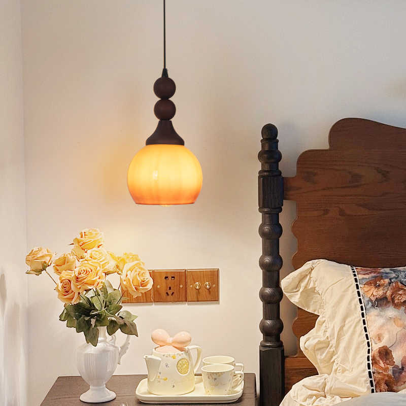 Traditional Vintage Glass Spherical Shade Solid Wood 1-light Pendant Light for Living Room
