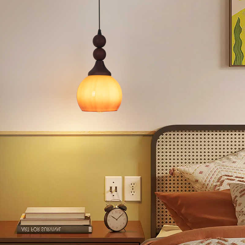 Traditional Vintage Glass Spherical Shade Solid Wood 1-light Pendant Light for Living Room