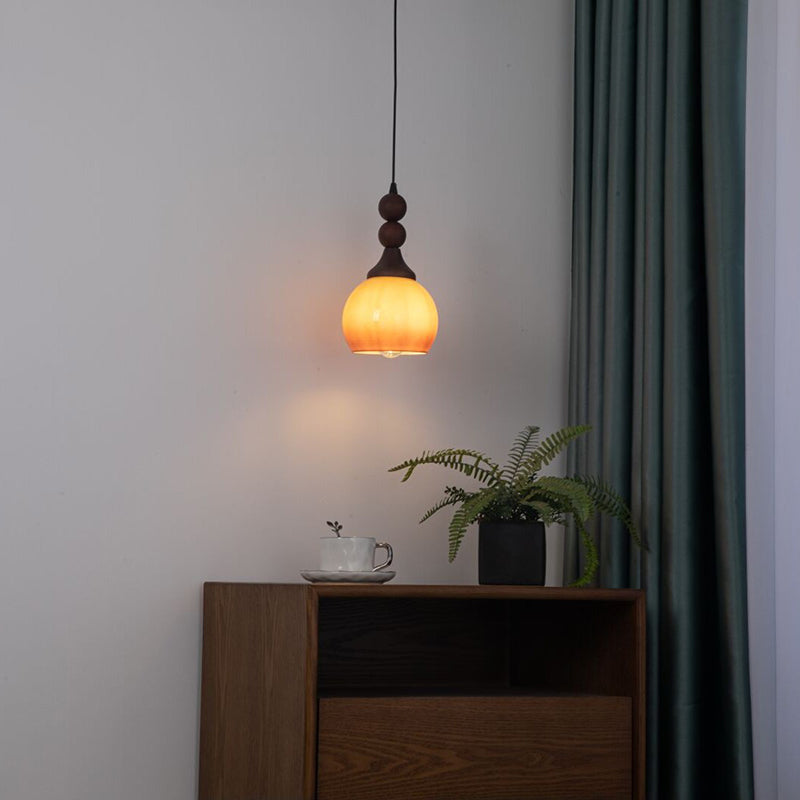 Traditional Vintage Glass Spherical Shade Solid Wood 1-light Pendant Light for Living Room