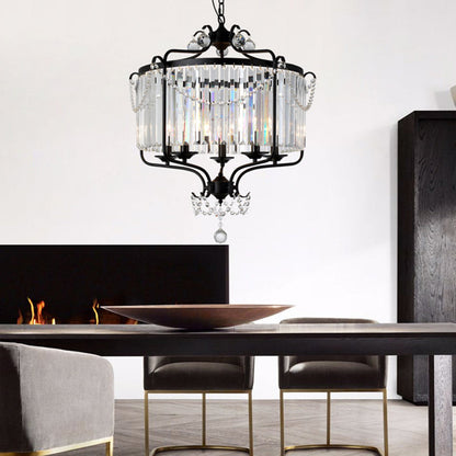 Traditional French Iron Crystal Cylinder 5-Light Pendant Light For Dining Room