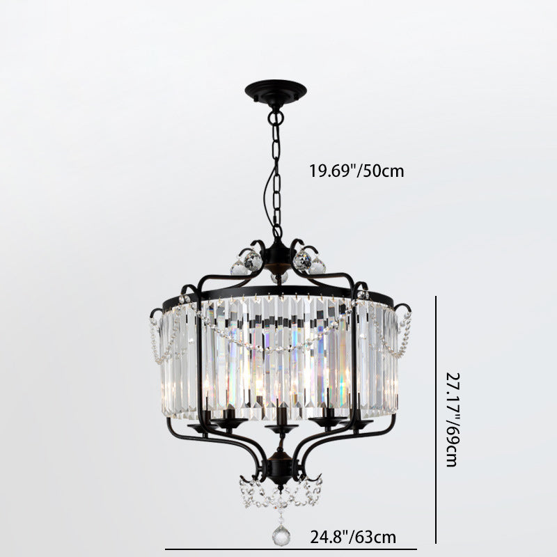 Traditional French Iron Crystal Cylinder 5-Light Pendant Light For Dining Room
