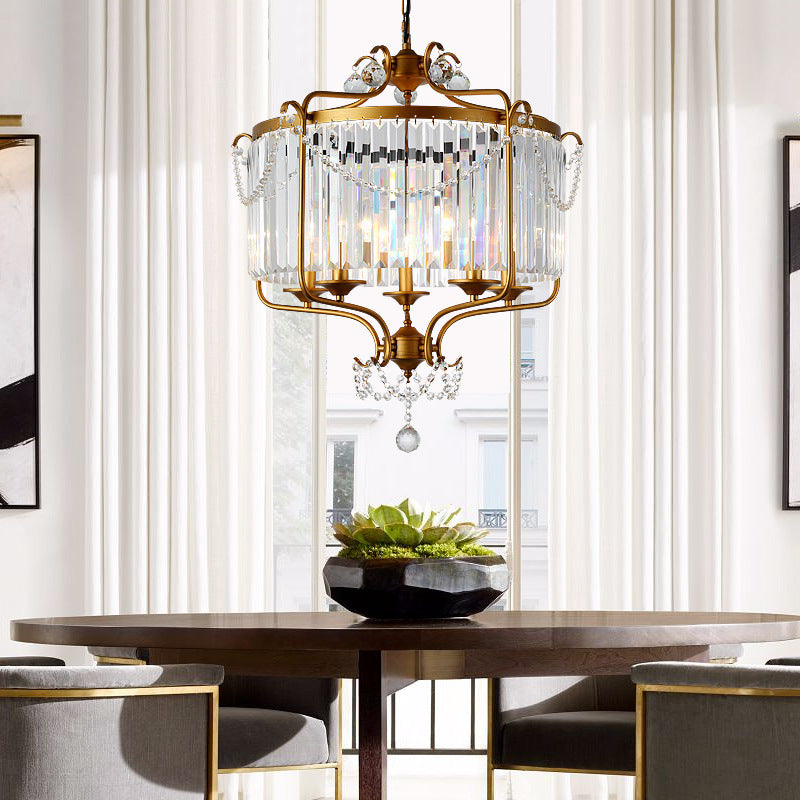 Traditional French Iron Crystal Cylinder 5-Light Pendant Light For Dining Room