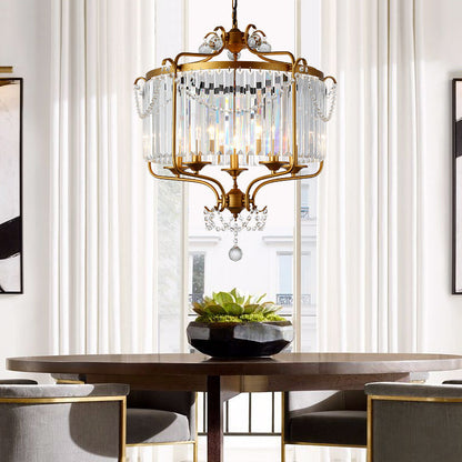 Traditional French Iron Crystal Cylinder 5-Light Pendant Light For Dining Room