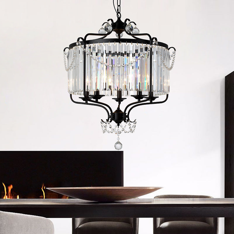 Traditional French Iron Crystal Cylinder 5-Light Pendant Light For Dining Room