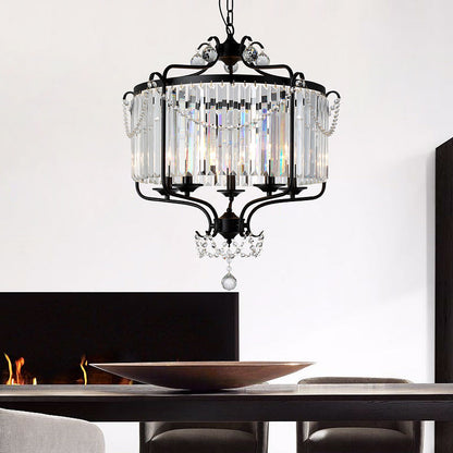 Traditional French Iron Crystal Cylinder 5-Light Pendant Light For Dining Room