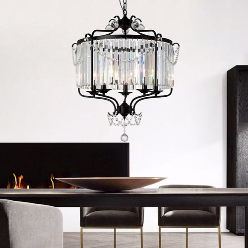 Traditional French Iron Crystal Cylinder 5-Light Pendant Light For Dining Room