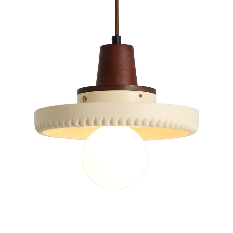 Traditional Japanese Solid Wood Resin Disc 1-Light Pendant Light For Living Room
