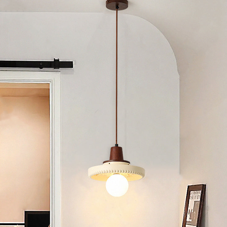 Traditional Japanese Solid Wood Resin Disc 1-Light Pendant Light For Living Room