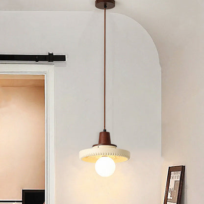 Traditional Japanese Solid Wood Resin Disc 1-Light Pendant Light For Living Room