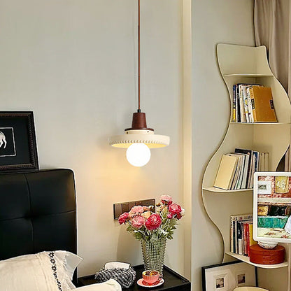 Traditional Japanese Solid Wood Resin Disc 1-Light Pendant Light For Living Room
